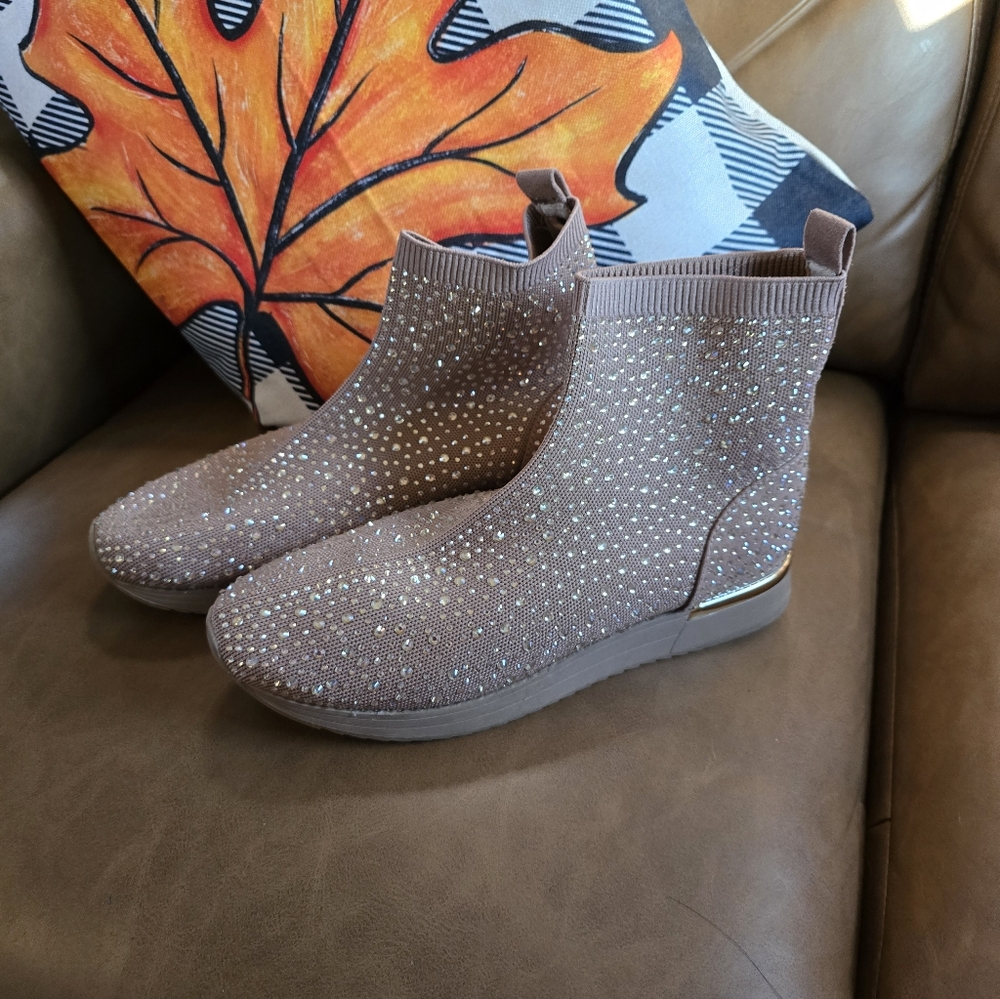 Elegant Brown Stretchy Ankle Boots with Gold Rhinestones